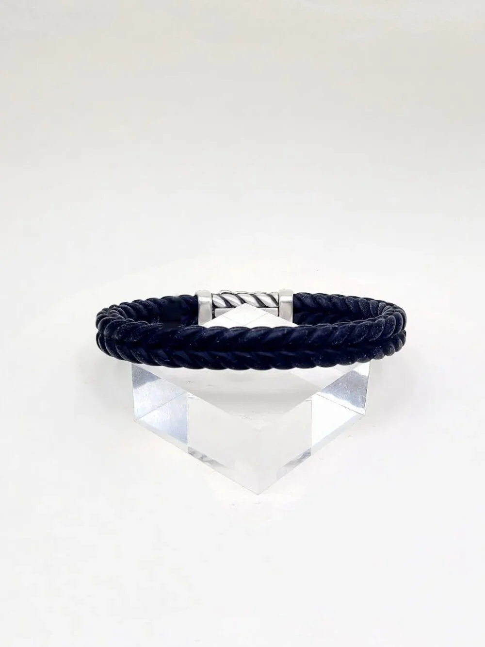 David Yurman Chevron Bracelet in Black Rubber w/ Pavé Black Diamonds, 9mm Sz Sm